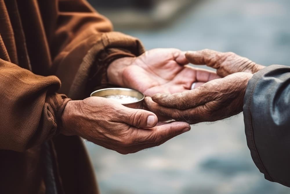 twee mensen houden elkaars handen vast met hun handpalmen naar boven gericht.